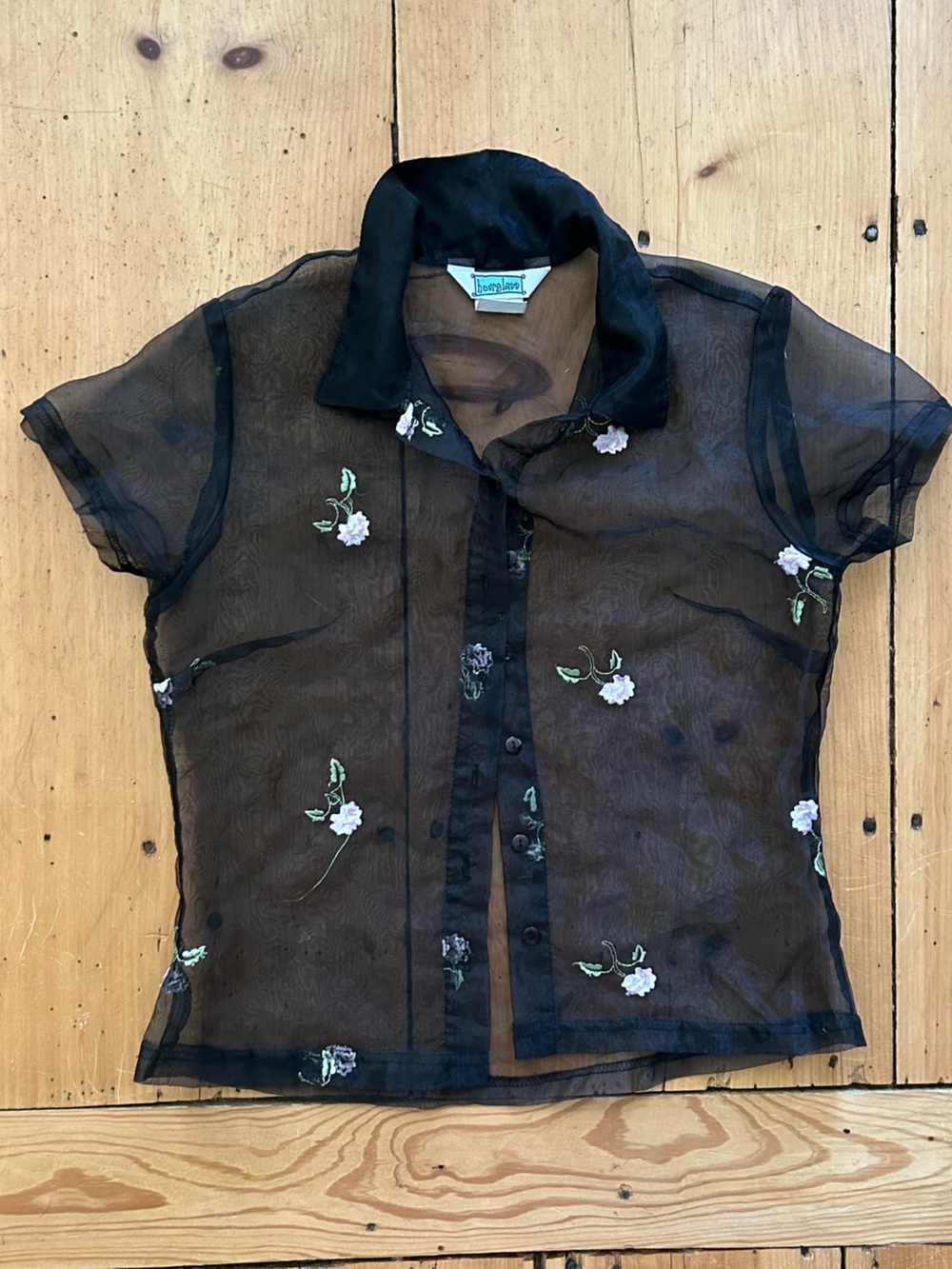 Sheer Black Embroidered Floral Button-Front Top